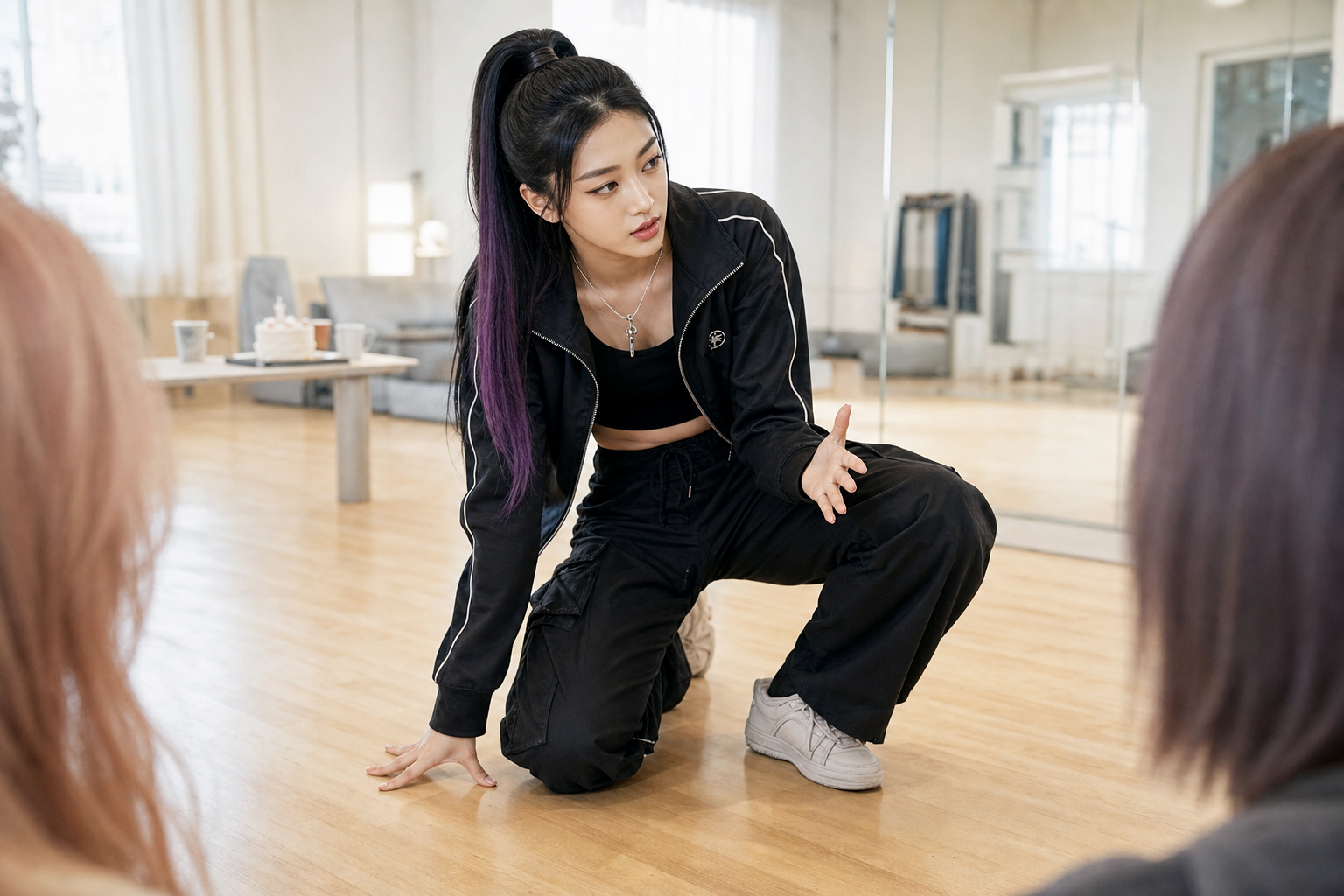 YUNAが明るい床でステップを確認している
